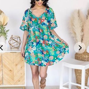 Andree By Unit Adeline V-Neck Teal Multi Floral Babydoll Dress Size S Coquette